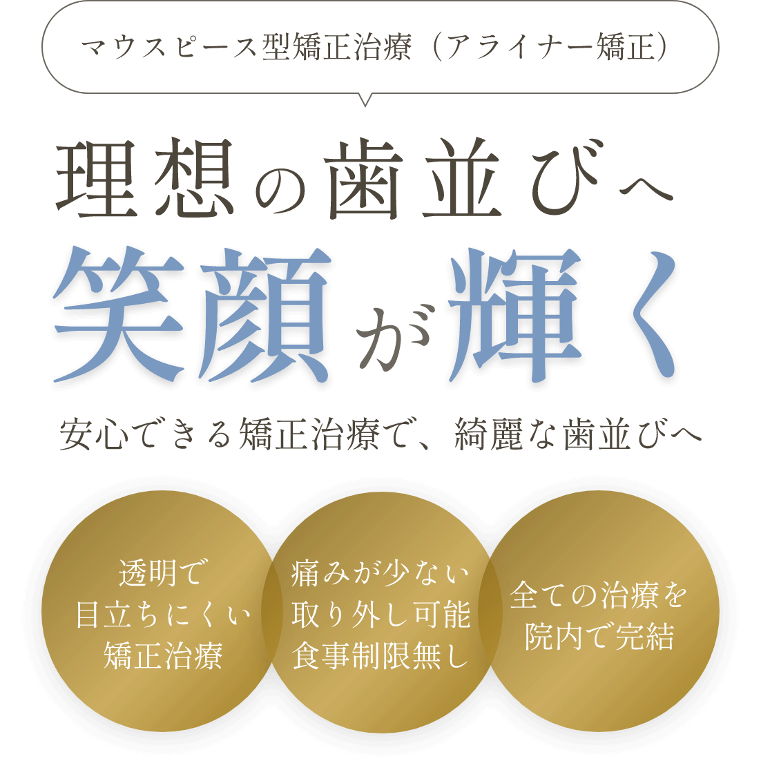 マウスピース型矯正治療（アライナー矯正）理想の歯並びへ笑顔が輝く安心できる矯正治療で、綺麗な歯並びへ